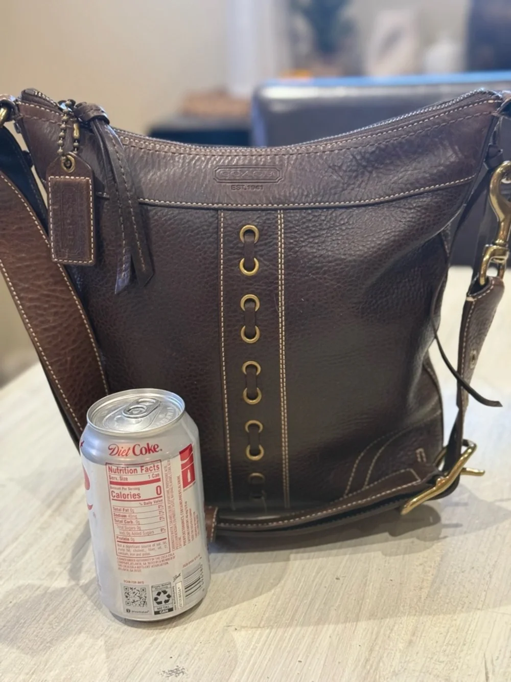 Coach Bleeker Dark Brown Pebbled Leather Messenger/Bucket Bag with Brass